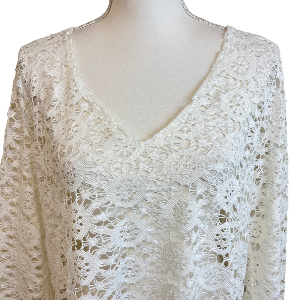 J VALDI Sheer White Lace V Neck 3/4 Sleeve Tunic Cover Up Dress L Swim‎ Vacation - Picture 3 of 12
